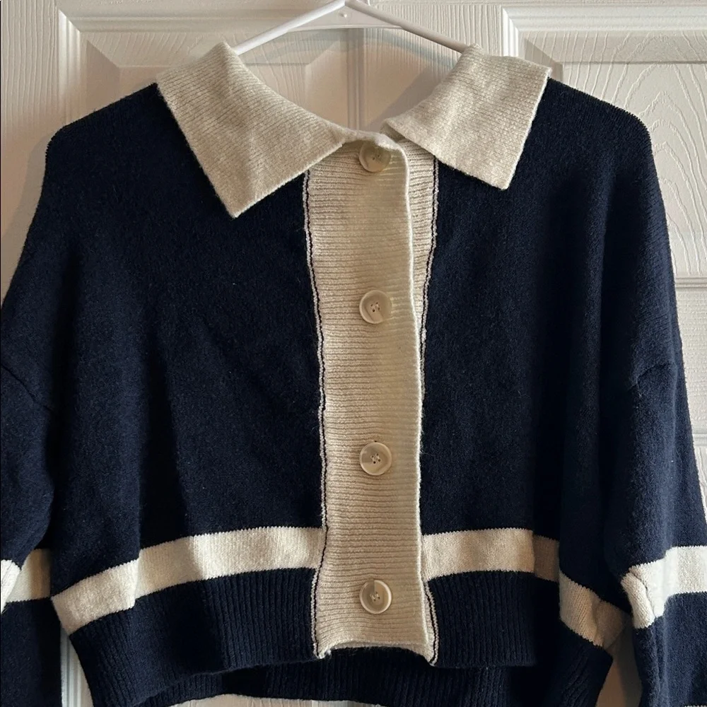 Navy and Cream Striped Button-Up Sweater - Picture 4 of 8